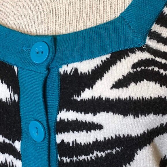 Kenar Sweater Teal White Animal Print Cardigan M - Picture 3 of 4